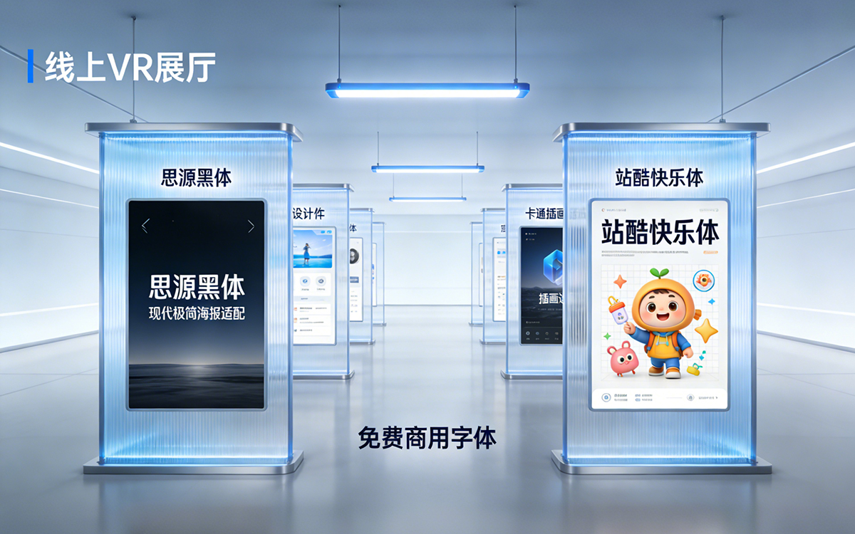 在線上VR展廳設計中，有多種免費商用字體可用